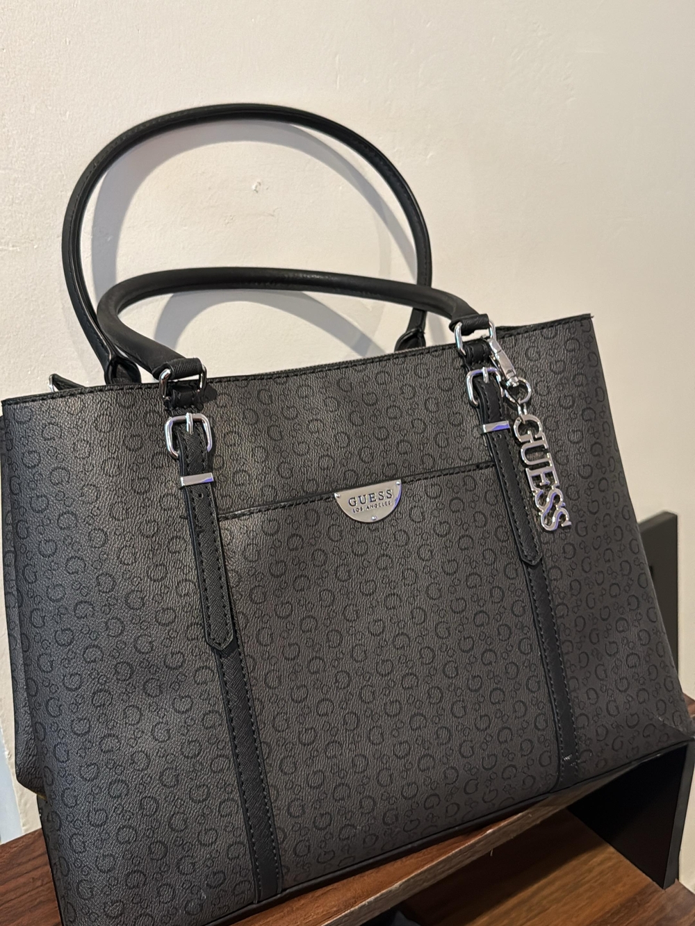 GUESS Gray Monogram Satchel with Silver Hardware